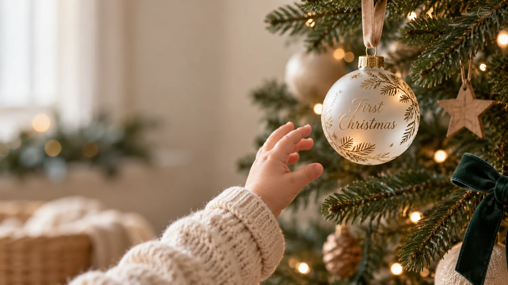 A tiny hand reaching for a frosted 'First Christmas' name bauble on a low branch, soft fairy lights, shallow focus.