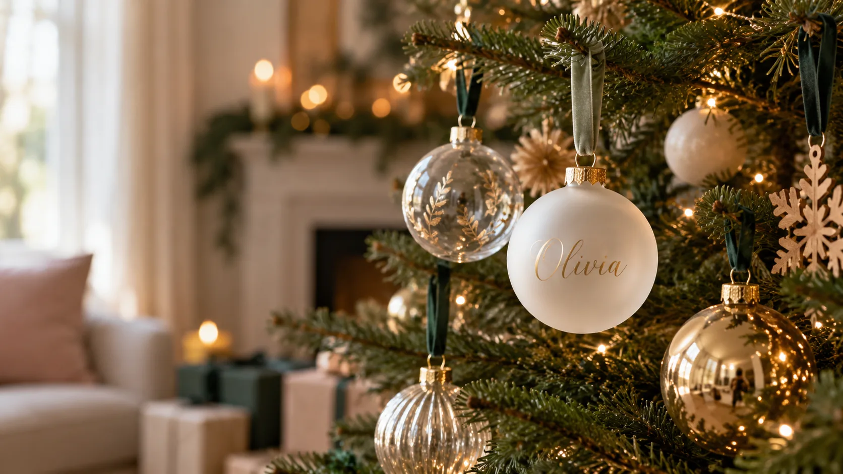 A real tree hung with a family set of frosted, clear and mirror-gold name baubles in warm lamplight, one bauble with a child's name in sharp focus.
