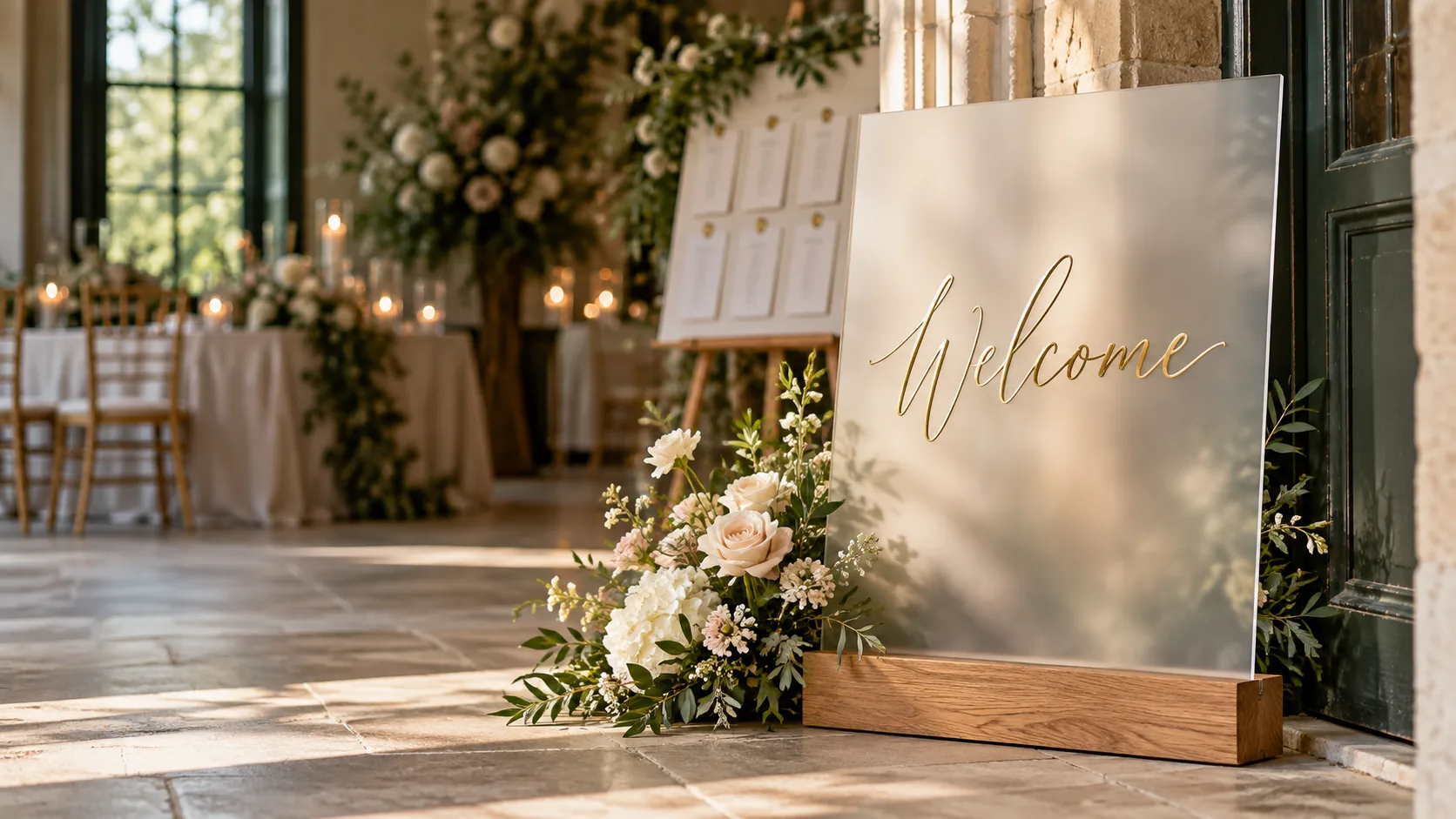 A frosted acrylic welcome sign with mirror-gold script on its oak stand at a venue doorway, soft daylight, a table plan and guests blurred behind.