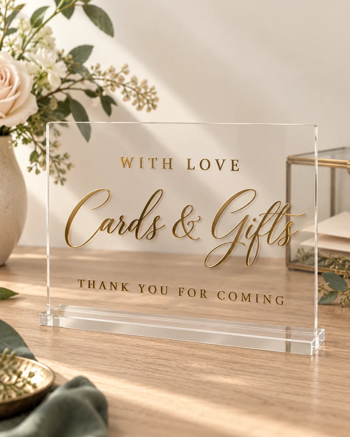 Clear acrylic Cards & Gifts sign with gold lettering