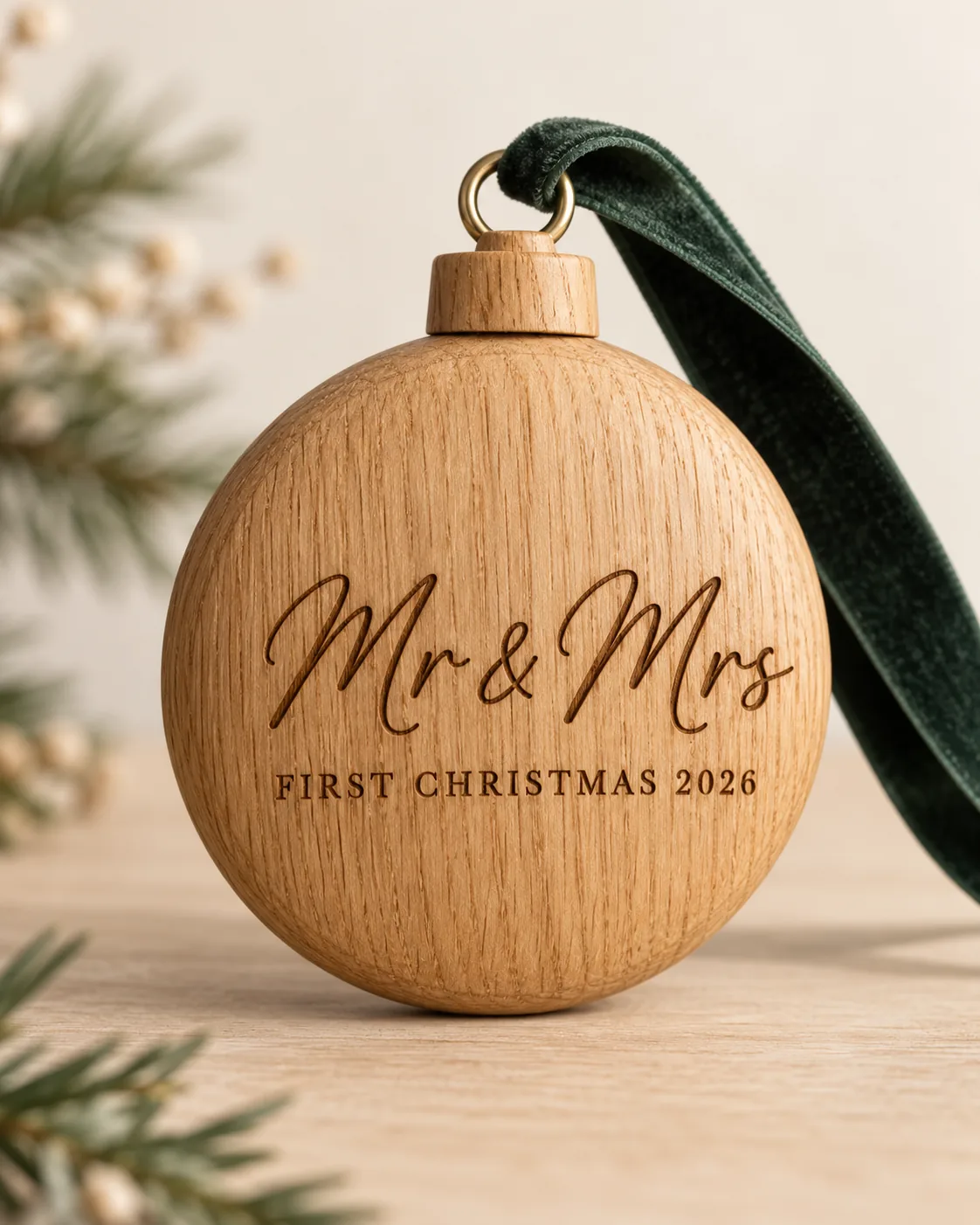 Engraved oak Our First Christmas bauble