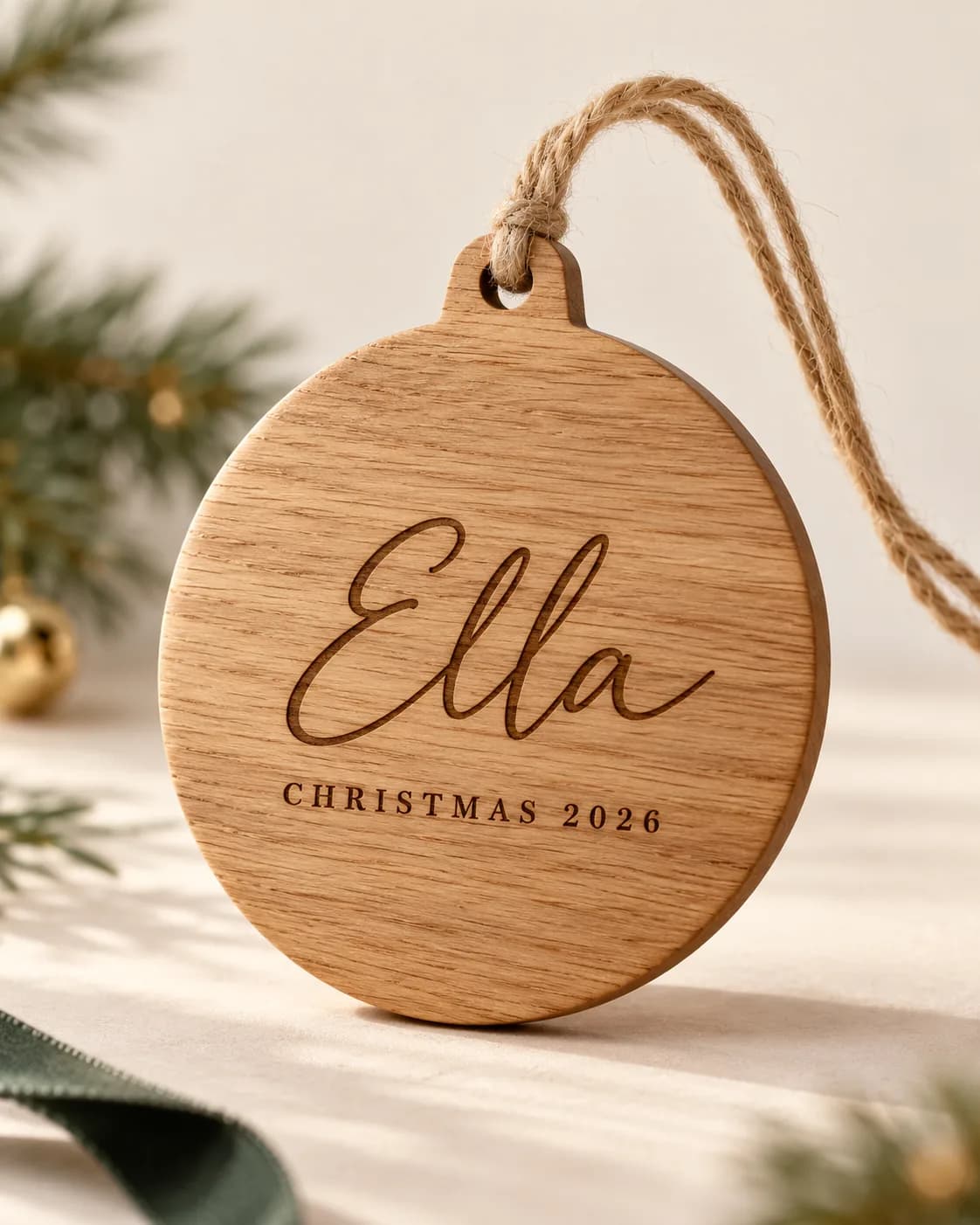 Engraved oak name bauble