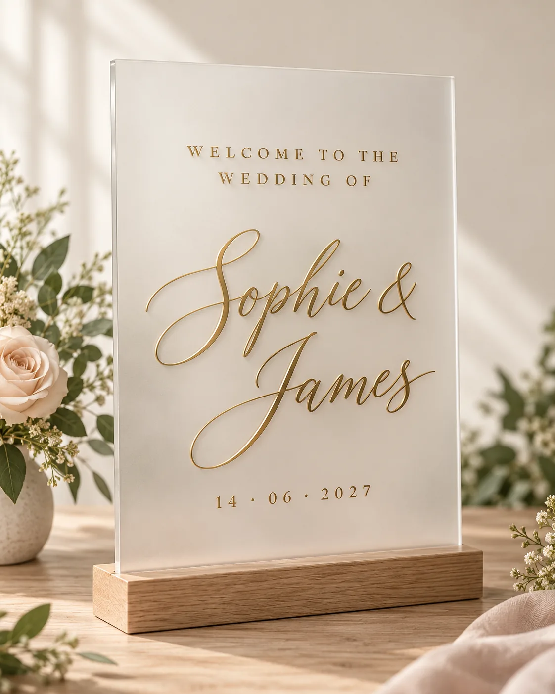 Wedding welcome sign in frosted acrylic with gold lettering