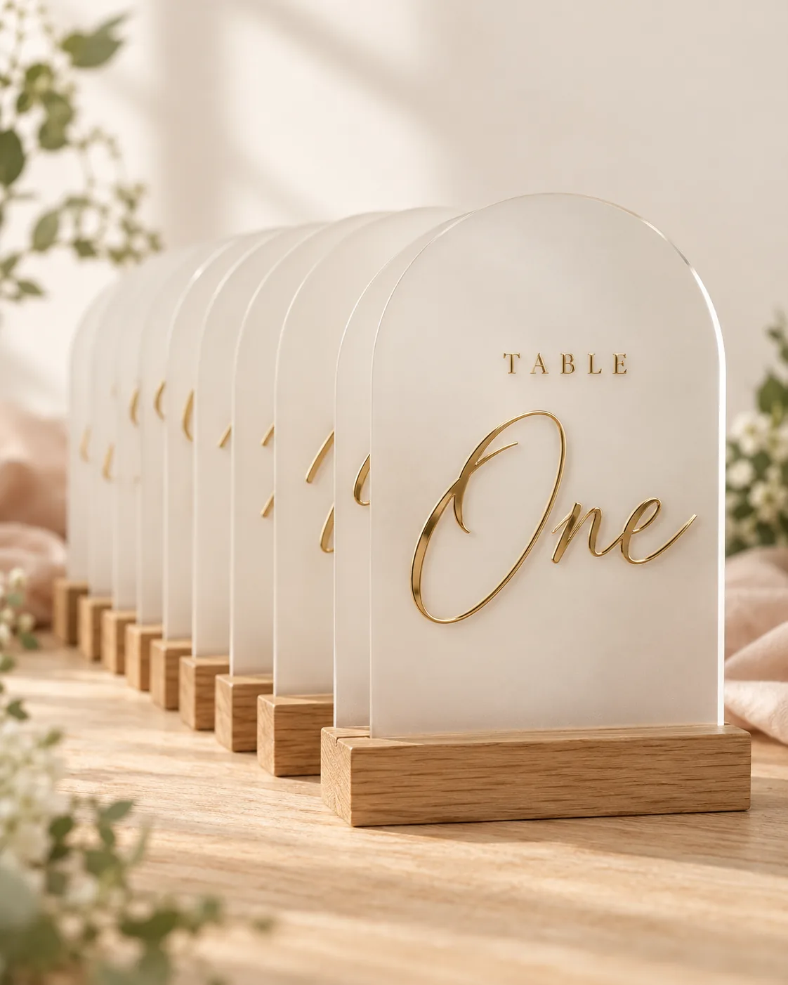 Gold script table numbers on frosted acrylic