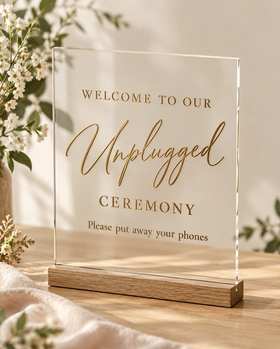 Clear acrylic unplugged ceremony sign