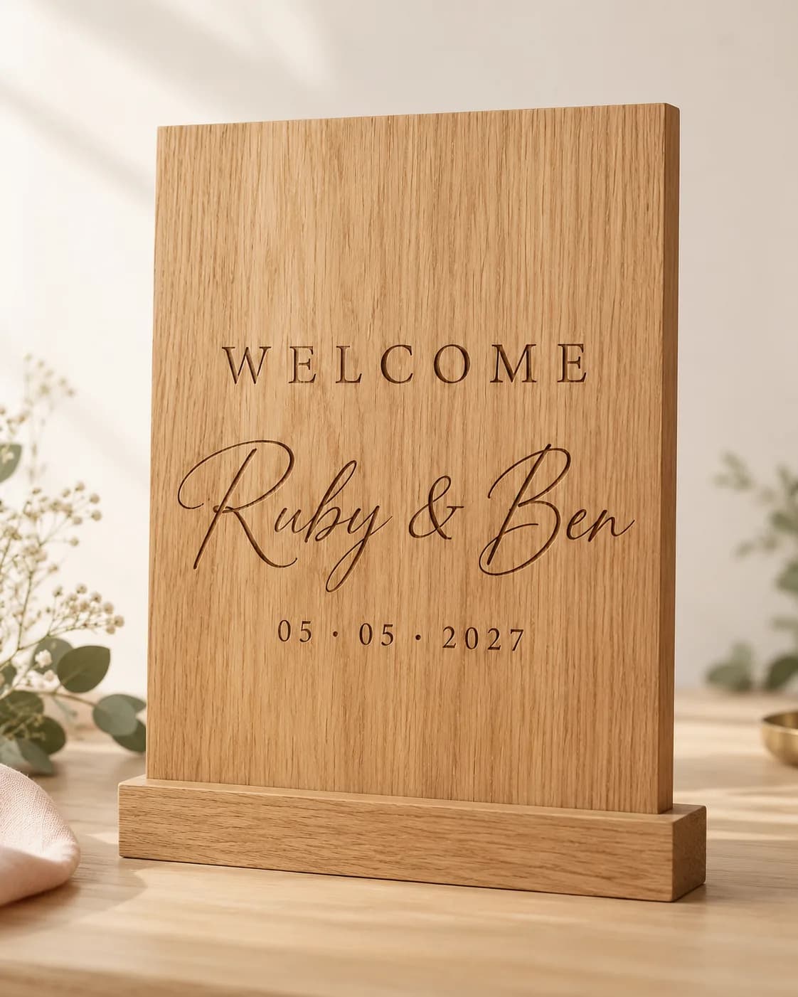 Engraved solid oak welcome sign