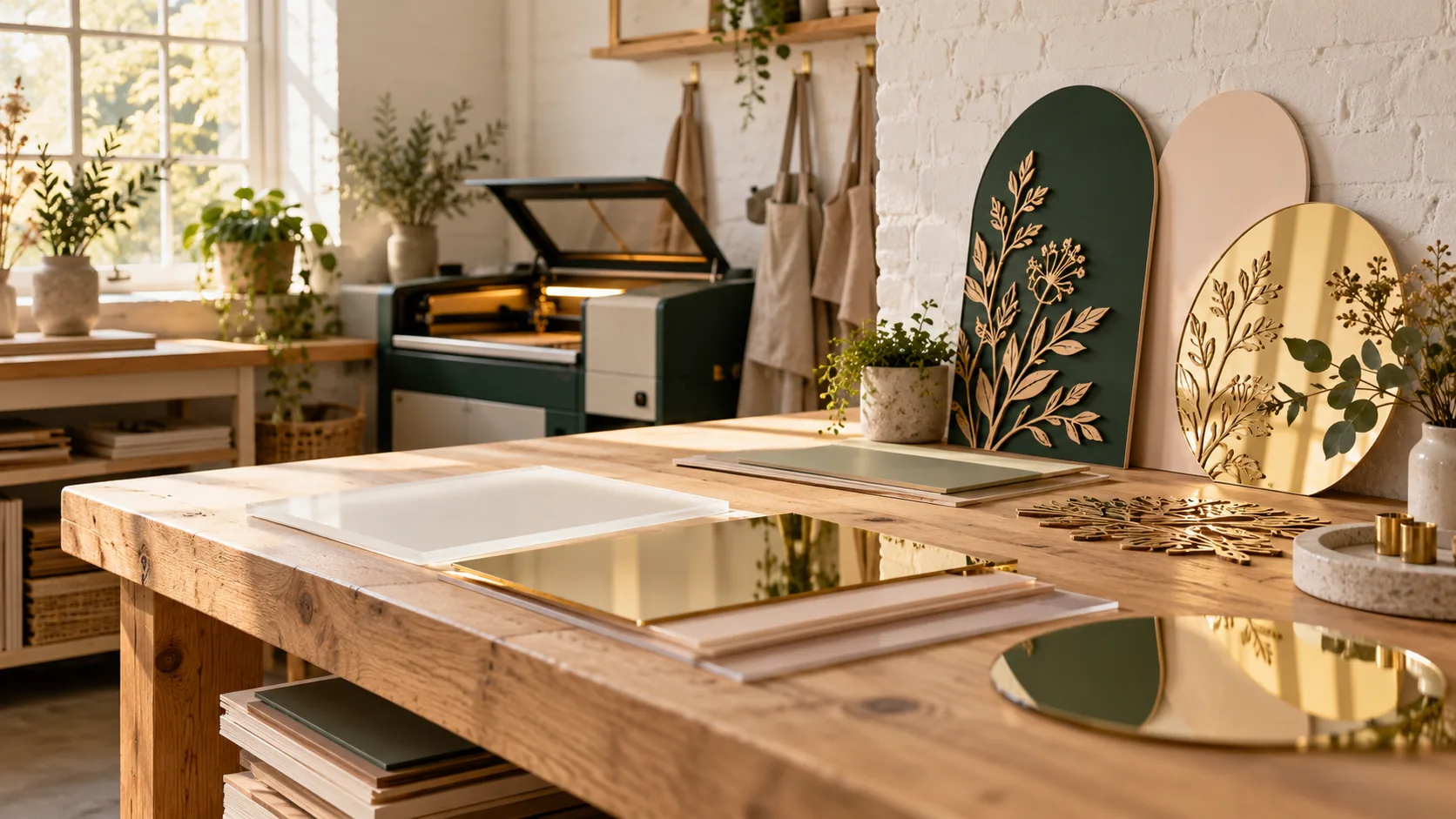 The Sine Designs studio: oak workbench, laser cutter and finished pieces