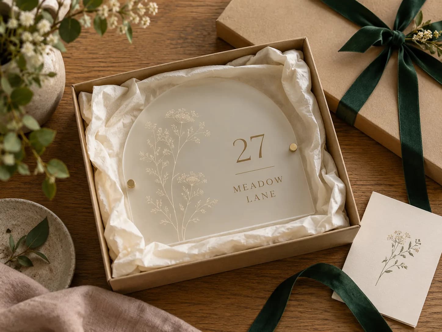 A finished sign packed in tissue in a kraft box with green ribbon