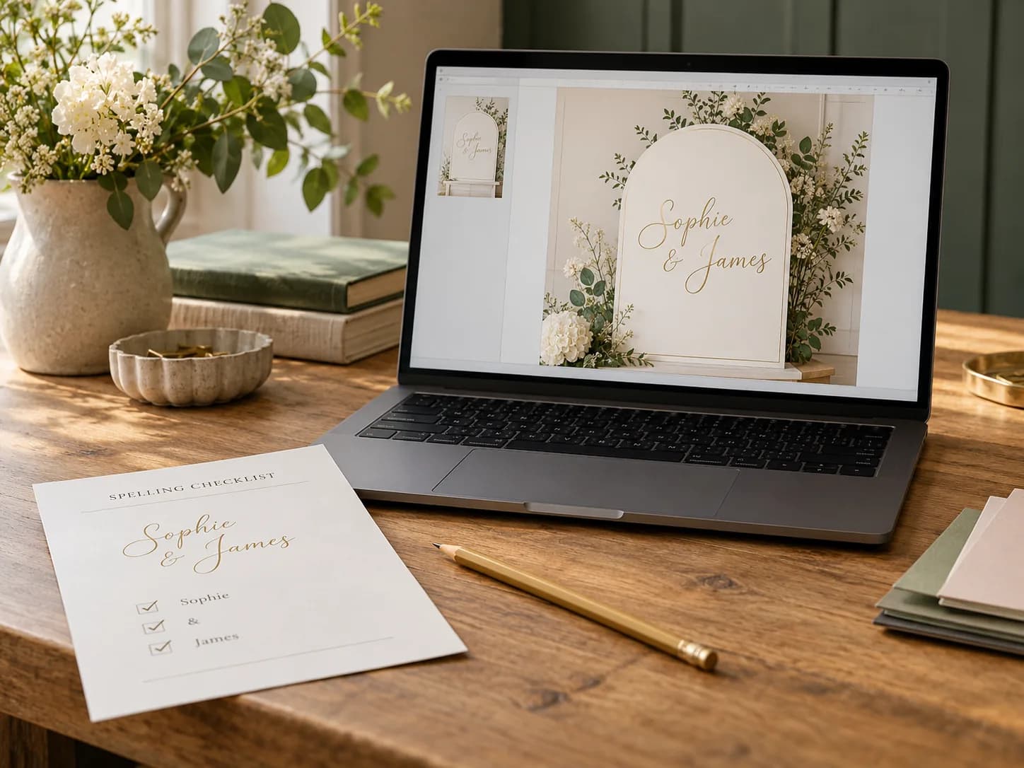 A digital proof of a wedding sign on a laptop