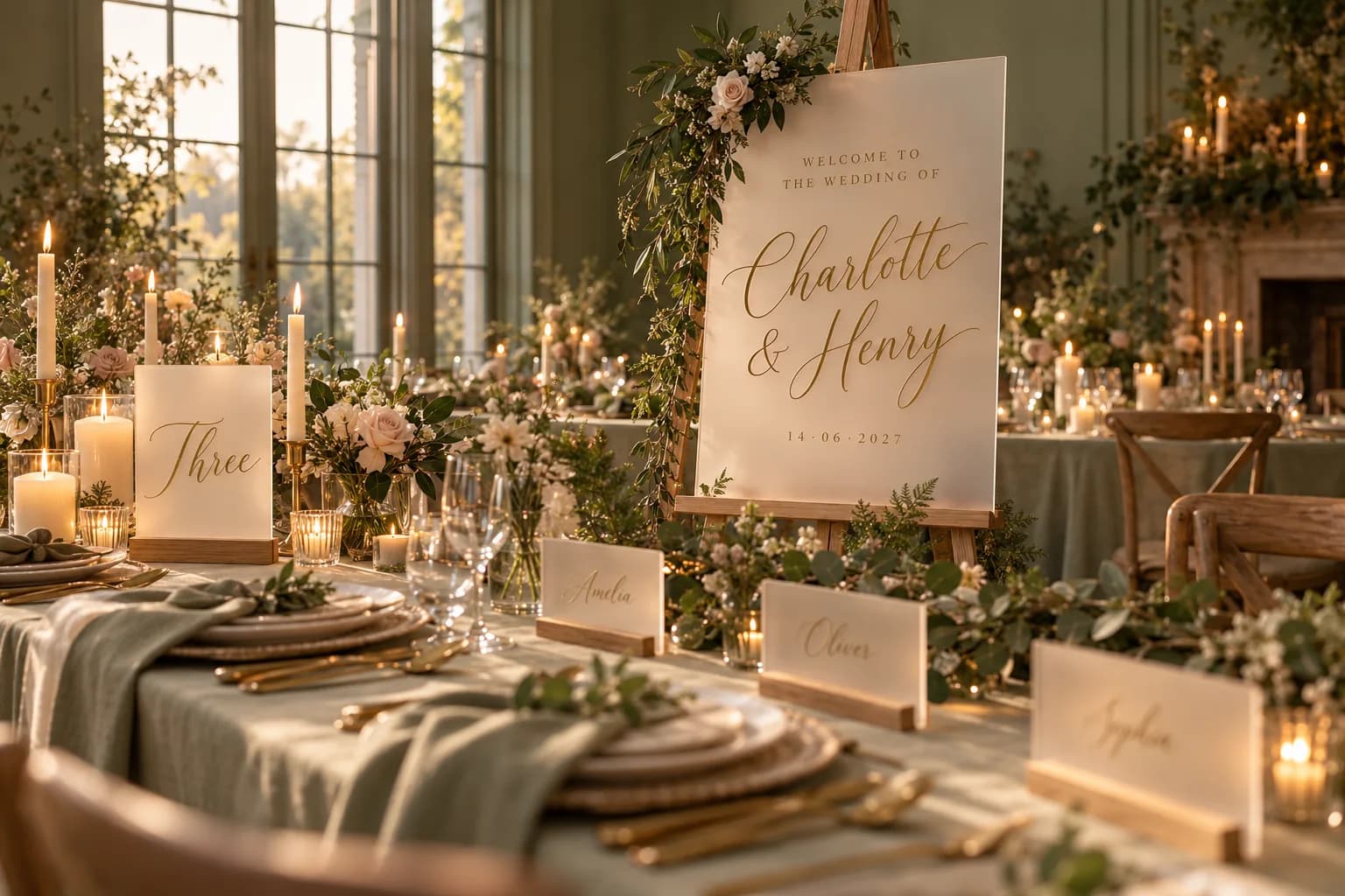 The Forest Wedding: a sage table with a frosted welcome sign, a table number and gold place names
