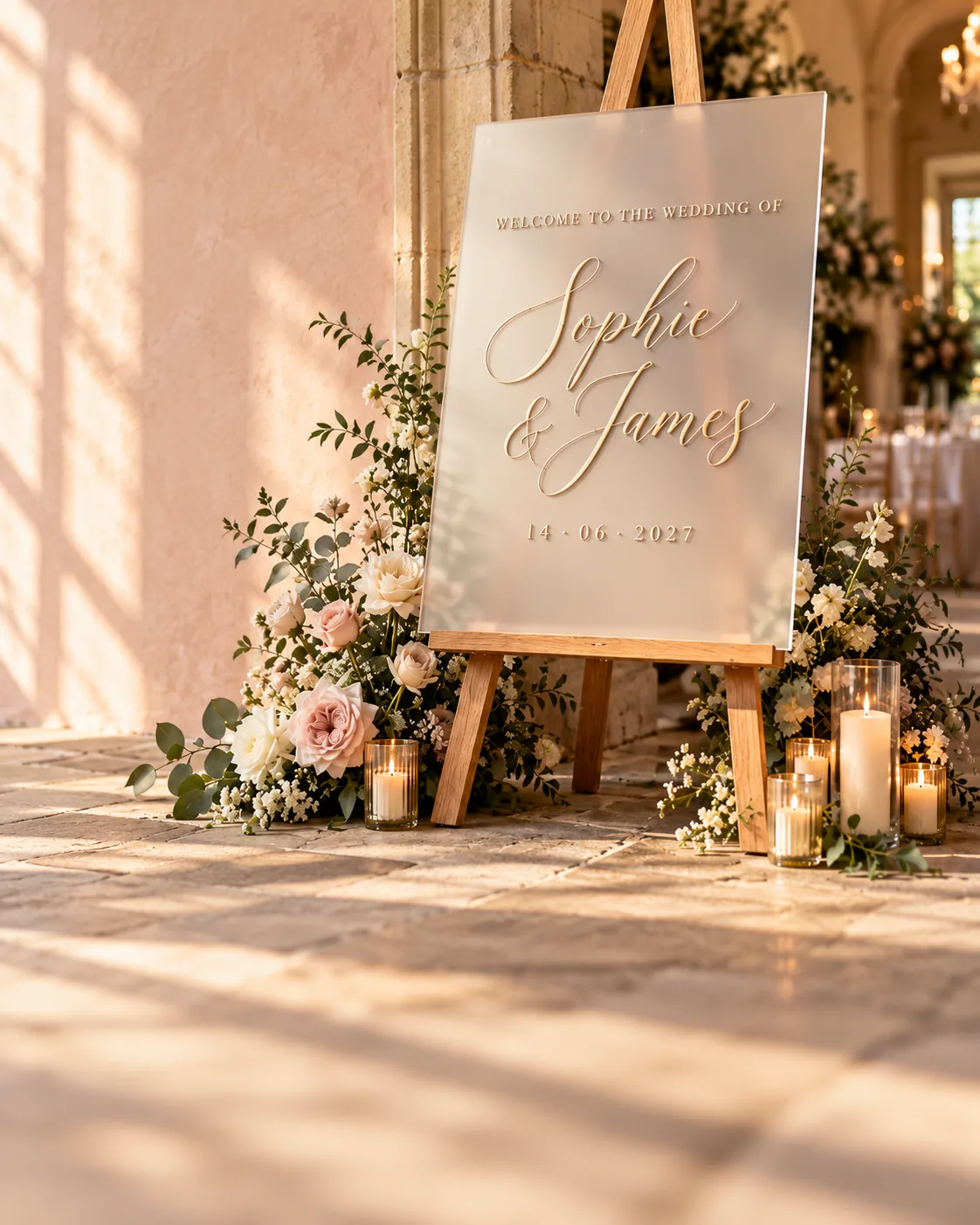 Frosted acrylic welcome sign with gold “Sophie & James” lettering on an oak easel, with blush roses and candles
