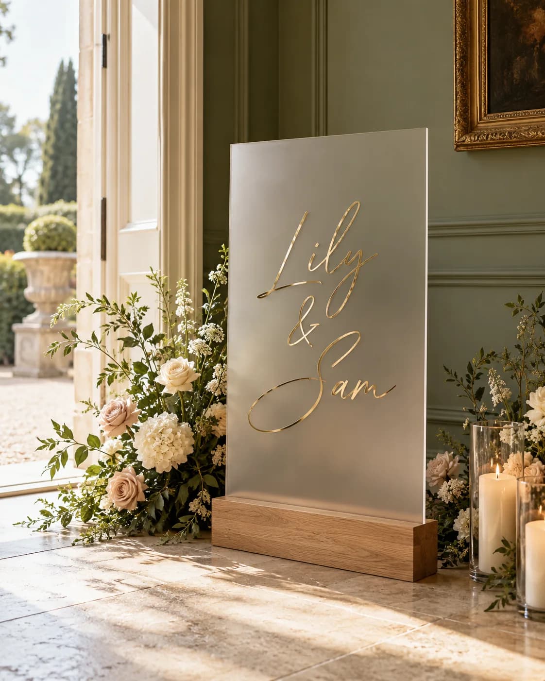 Tall frosted welcome sign in an oak stand by a garden door