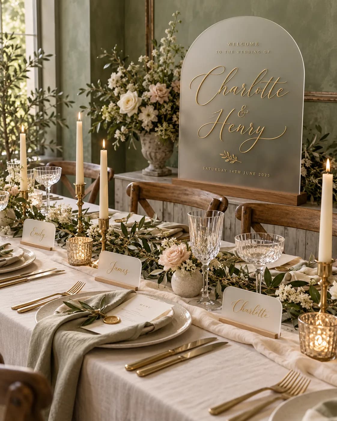 A wedding table with a frosted welcome sign, gold place names and candles